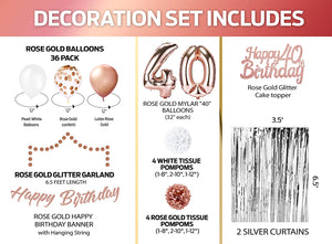 EpiqueOne Rose Gold 40th Birthday Decorations for Women - Rose Gold Ribbon, Balloons, Pom Poms, Cake Topper - 41 Pieces Party Supplies