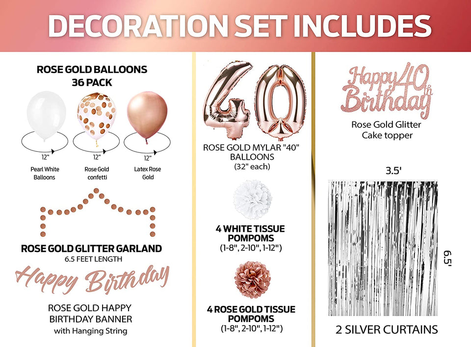 EpiqueOne Rose Gold 40th Birthday Decorations for Women - Rose Gold Ribbon, Balloons, Pom Poms, Cake Topper - 41 Pieces Party Supplies