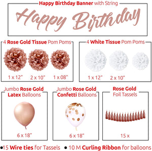 EpiqueOne Rose Gold Birthday Decoration Set: HAPPY BIRTHDAY Banner, Tassel Garland, Latex Balloons, Confetti Balloons, Tissue Paper Pom