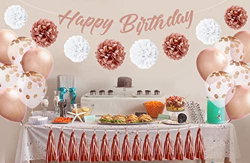 EpiqueOne Rose Gold Birthday Decoration Set: HAPPY BIRTHDAY Banner, Tassel Garland, Latex Balloons, Confetti Balloons, Tissue Paper Pom