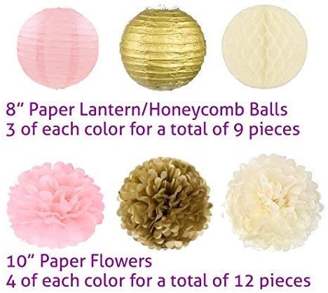 EpiqueOne 22 Pcs Mixed Pink, Gold & Ivory Party Decorations By Epique Occasions–Set Of Hanging Tissue Paper Flower Pom Poms, Lanterns & Honeycomb Balls For Girl Birthday Wedding & Party Décor Supplies