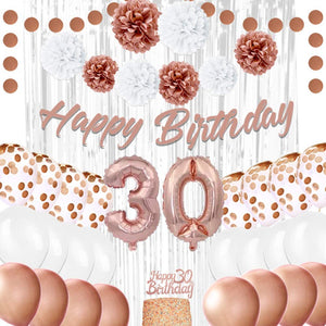 EpiqueOne Rose Gold 30th Birthday Decoration Set: HAPPY BIRTHDAY Banner, Tassel Garland, Latex Balloons, Confetti Balloons, Tissue Paper Pom | Rose Gold Birthday