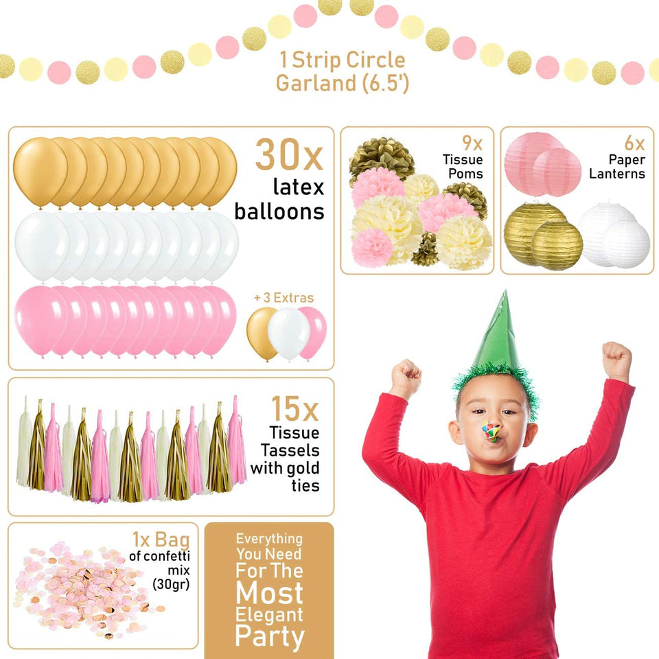 EpiqueOne 62 Pc Party Supplies Kit - Pink and Gold Party Supplies - Elegant Party Decorations Birthday & Engagement Party Decorations & Unicorn Party Supplies Kit- Includes Balloons, Pom Pom, Lanterns