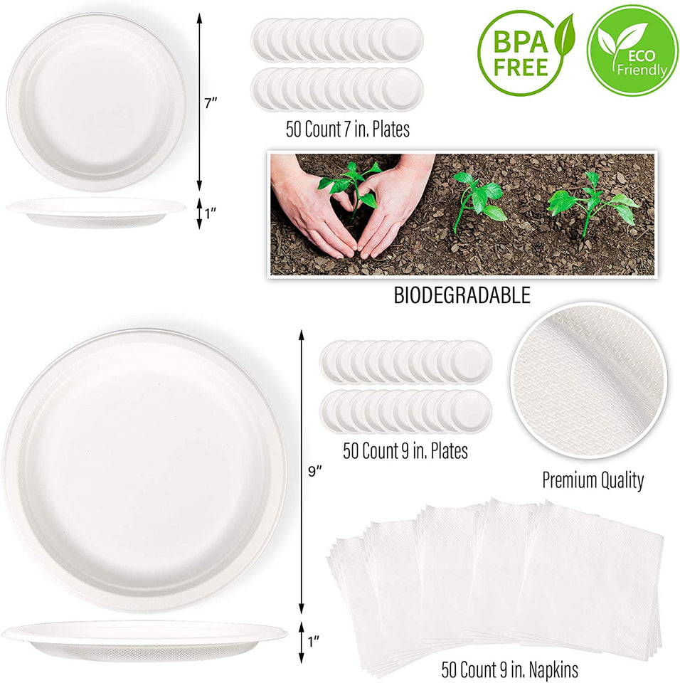 350 Pc Biodegradable Paper Plate Set - Disposable, Durable Dinnerware Tableware - Compostable Spoons, Forks, Knives, Plates, Straws, Napkins for Parties, Camping - Microwave and Freezer Safe EpiqueOne